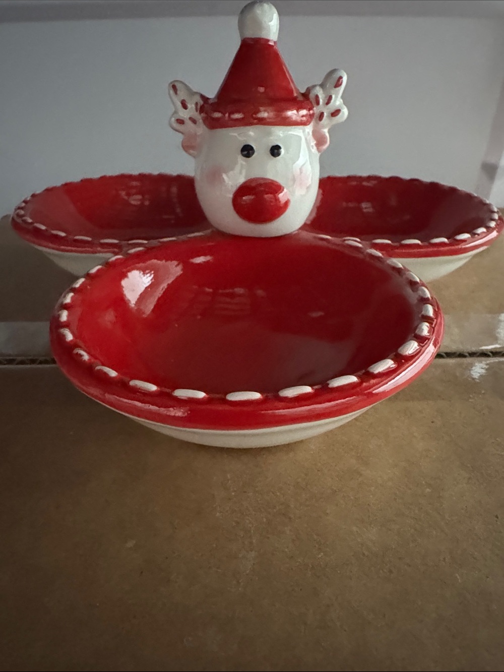 Ceramic Red Reindeer Triple Snack Dish Holiday Christmas Like NEW